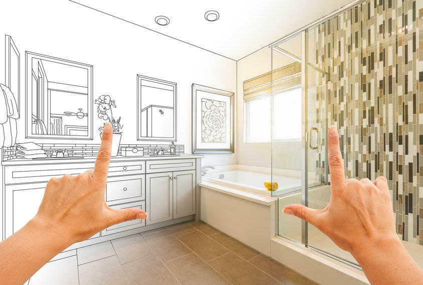 Hands Framing Custom Master Bathroom Drawing and Photo Gradation.